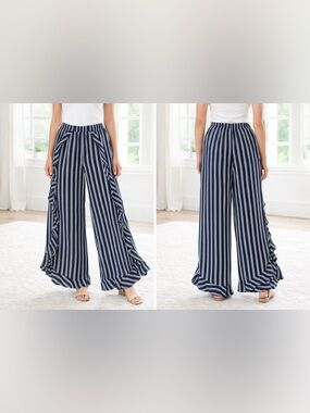 Green Envelope BoHo Navy and White Striped Ruffle Wide-Leg Pants Size M EUC